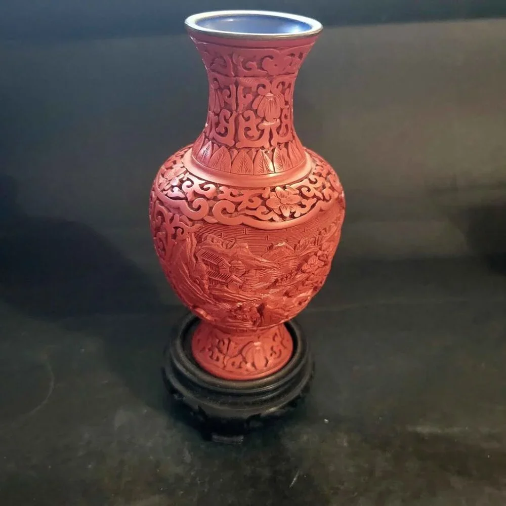 Vintage Chinese Carved Cinnabar Lacquer Vase Dating To The Mid-20th Century